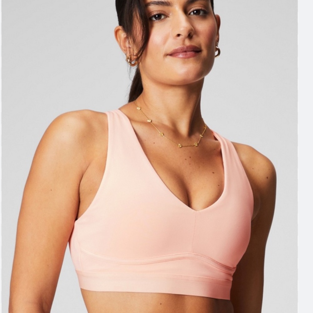 Fabletics Belle Metallic Adjustable Sports Bra In Light Pink Rose Gold Small.